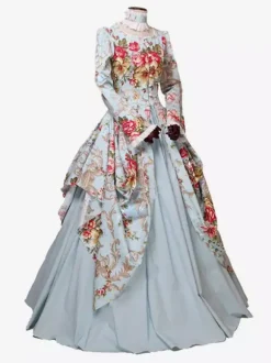 Robe Victorienne Costume Femme Satin Bleu Ciel Clair Imprimé Floral Robe Marie Antoinette Robe De Bal Manches Longues Vêtements  Robe Victorienne Halloween
