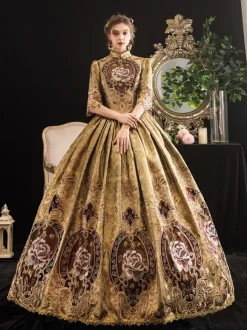 Robe Victorienne Costumes Femmes Blonde Demi Manches Col Montant Époque Victorienne Style Marie Antoinette Costume Robe Mascarade Robe De Bal