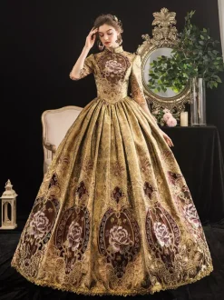 Robe Victorienne Costumes Femmes Blonde Demi Manches Col Montant Époque Victorienne Style Marie Antoinette Costume Robe Mascarade Robe De Bal