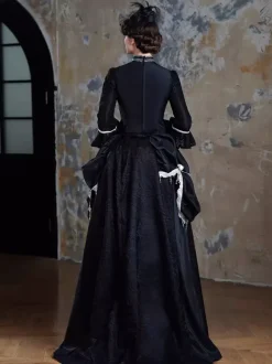 Robe victorienne noire à tournure longue robe évasée avec masque coiffe et gants ensemble rétro