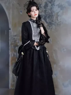 Robe victorienne noire à tournure longue robe évasée avec masque coiffe et gants ensemble rétro