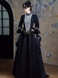Robe victorienne noire à tournure longue robe évasée avec masque coiffe et gants ensemble rétro