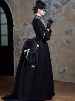 Robe victorienne noire à tournure longue robe évasée avec masque coiffe et gants ensemble rétro