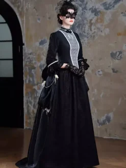 Robe victorienne noire à tournure longue robe évasée avec masque coiffe et gants ensemble rétro