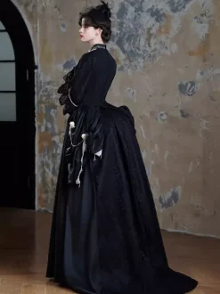 Robe victorienne noire à tournure longue robe évasée avec masque coiffe et gants ensemble rétro