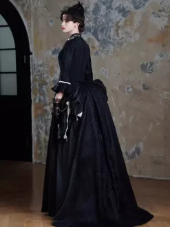 Robe victorienne noire à tournure longue robe évasée avec masque coiffe et gants ensemble rétro