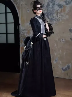 Robe victorienne noire à tournure longue robe évasée avec masque coiffe et gants ensemble rétro
