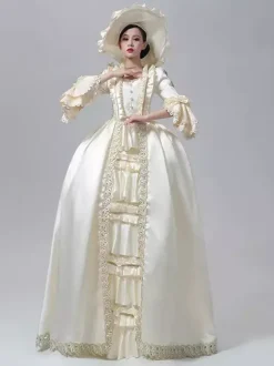 Robe victorienne pour femme couleur champagne manches longues style rétro robe de bal avec chapeau.
