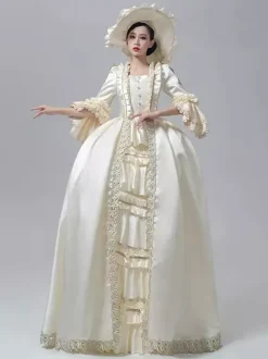 Robe victorienne pour femme couleur champagne manches longues style rétro robe de bal avec chapeau.