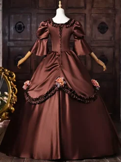 Robe victorienne rococo marron pour femme ornée d'appliqués de dentelle et de manches évasées style rétro vintage