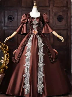 Robe victorienne rococo marron pour femme ornée d'appliqués de dentelle et de manches évasées style rétro vintage