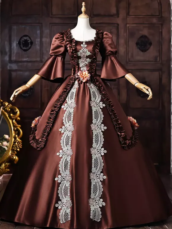 Robe victorienne rococo marron pour femme ornée d'appliqués de dentelle et de manches évasées style rétro vintage