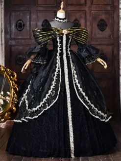 Robe victorienne rococo noire pour femme n艙ud doré manches évasées dentelle style rétro vintage
