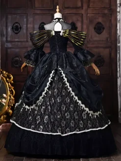 Robe victorienne rococo noire pour femme n艙ud doré manches évasées dentelle style rétro vintage