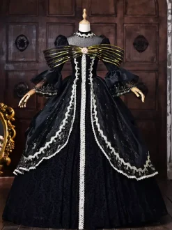 Robe victorienne rococo noire pour femme n艙ud doré manches évasées dentelle style rétro vintage