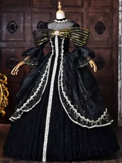 Robe victorienne rococo noire pour femme n艙ud doré manches évasées dentelle style rétro vintage