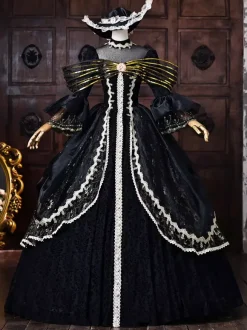 Robe victorienne rococo noire pour femme n艙ud doré manches évasées dentelle style rétro vintage