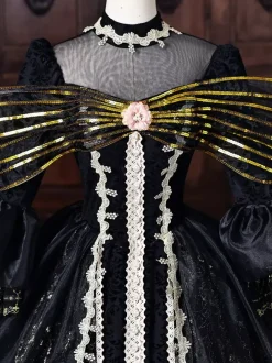 Robe victorienne rococo noire pour femme n艙ud doré manches évasées dentelle style rétro vintage