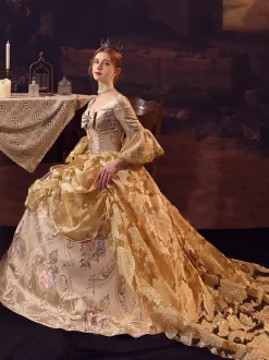 Robe Victorienne rétro dorés à volants Costume Marie-Antoinette robe en Polyester pour femmes robe de bal de fête royale