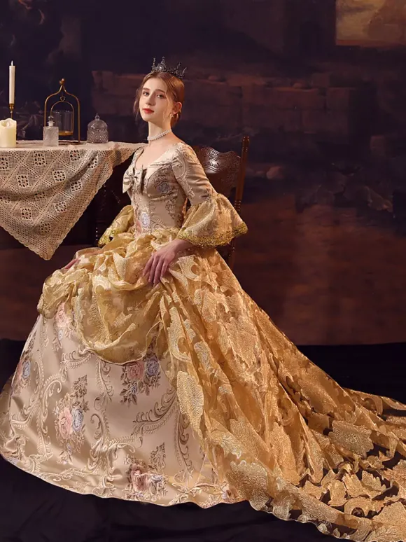 Robe Victorienne rétro dorés à volants Costume Marie-Antoinette robe en Polyester pour femmes robe de bal de fête royale
