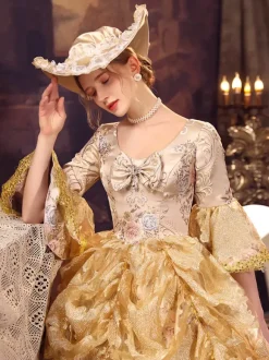 Robe Victorienne rétro dorés à volants Costume Marie-Antoinette robe en Polyester pour femmes robe de bal de fête royale