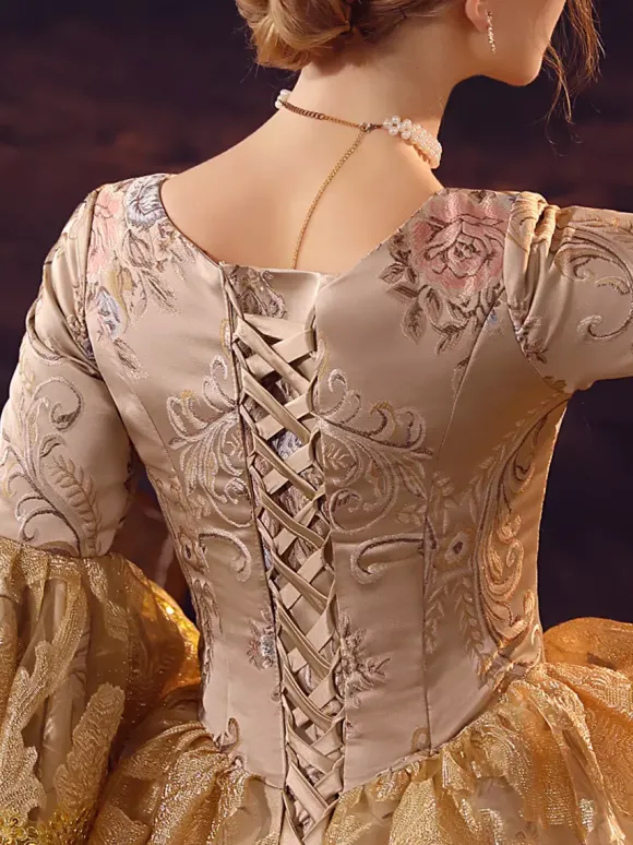 Robe Victorienne rétro dorés à volants Costume Marie-Antoinette robe en Polyester pour femmes robe de bal de fête royale