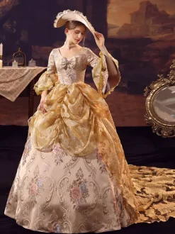 Robe Victorienne rétro dorés à volants Costume Marie-Antoinette robe en Polyester pour femmes robe de bal de fête royale