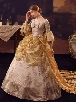 Robe Victorienne rétro dorés à volants Costume Marie-Antoinette robe en Polyester pour femmes robe de bal de fête royale
