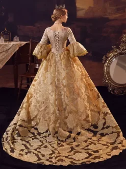 Robe Victorienne rétro dorés à volants Costume Marie-Antoinette robe en Polyester pour femmes robe de bal de fête royale