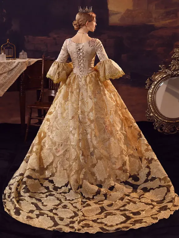 Robe Victorienne rétro dorés à volants Costume Marie-Antoinette robe en Polyester pour femmes robe de bal de fête royale
