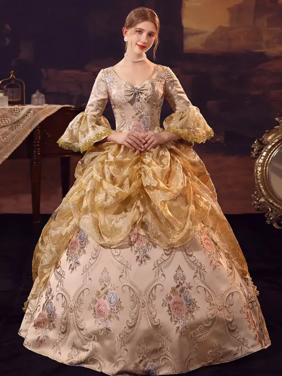 Robe Victorienne rétro dorés à volants Costume Marie-Antoinette robe en Polyester pour femmes robe de bal de fête royale