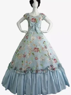 Robe Victorienne rétro noirs n艙uds Polyester Robe Marie Antoinette Costume robe à imprimé fleuri tunique rétro femme vêtements Vintage Bourgogne
