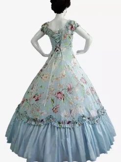Robe Victorienne rétro noirs n艙uds Polyester Robe Marie Antoinette Costume robe à imprimé fleuri tunique rétro femme vêtements Vintage Bourgogne