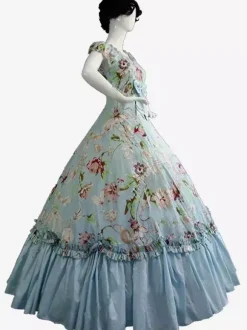 Robe Victorienne rétro noirs n艙uds Polyester Robe Marie Antoinette Costume robe à imprimé fleuri tunique rétro femme vêtements Vintage Bourgogne