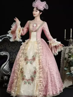 Robe Victorienne rétro roses pour femmes imprimé floral volants en dentelle robe en polyester couvre-chef costume Marie-Antoinette vêtements rétro vintage