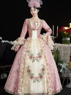 Robe Victorienne rétro roses pour femmes imprimé floral volants en dentelle robe en polyester couvre-chef costume Marie-Antoinette vêtements rétro vintage