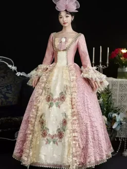 Robe Victorienne rétro roses pour femmes imprimé floral volants en dentelle robe en polyester couvre-chef costume Marie-Antoinette vêtements rétro vintage