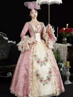 Robe Victorienne rétro roses pour femmes imprimé floral volants en dentelle robe en polyester couvre-chef costume Marie-Antoinette vêtements rétro vintage