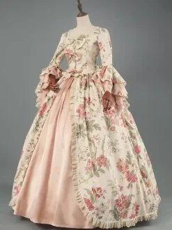 Robe Victorienne Style Marie-Antoinette à Imprimé Fleuri avec Dentelle et Volants Robe Rococo