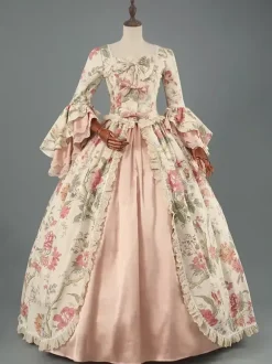 Robe Victorienne Style Marie-Antoinette à Imprimé Fleuri avec Dentelle et Volants Robe Rococo