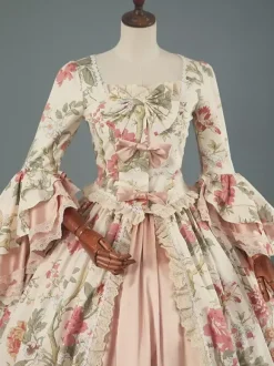 Robe Victorienne Style Marie-Antoinette à Imprimé Fleuri avec Dentelle et Volants Robe Rococo