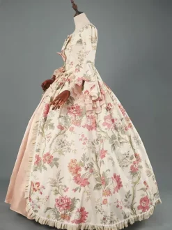 Robe Victorienne Style Marie-Antoinette à Imprimé Fleuri avec Dentelle et Volants Robe Rococo
