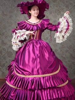 Robe victorienne violette à volants en dentelle de polyester Robe de bal