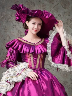 Robe victorienne violette à volants en dentelle de polyester Robe de bal