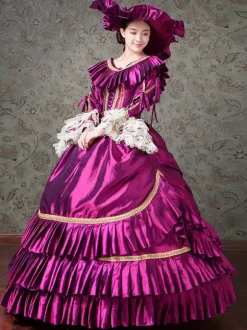 Robe victorienne violette à volants en dentelle de polyester Robe de bal