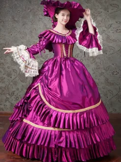 Robe victorienne violette à volants en dentelle de polyester Robe de bal