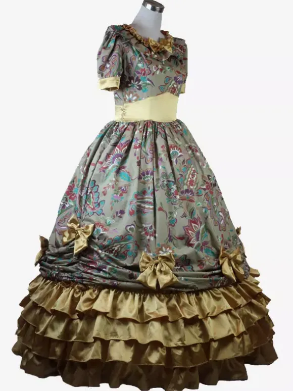 Robe Vintage Costumes Rétro Marron Clair Femmes Imprimé Fleuri Volants Robe Tunique Costume Marie Antoinette Déguisement Médiéval