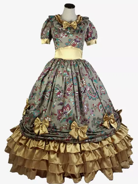 Robe Vintage Costumes Rétro Marron Clair Femmes Imprimé Fleuri Volants Robe Tunique Costume Marie Antoinette Déguisement Médiéval