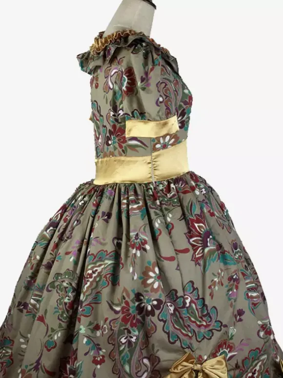 Robe Vintage Costumes Rétro Marron Clair Femmes Imprimé Fleuri Volants Robe Tunique Costume Marie Antoinette Déguisement Médiéval