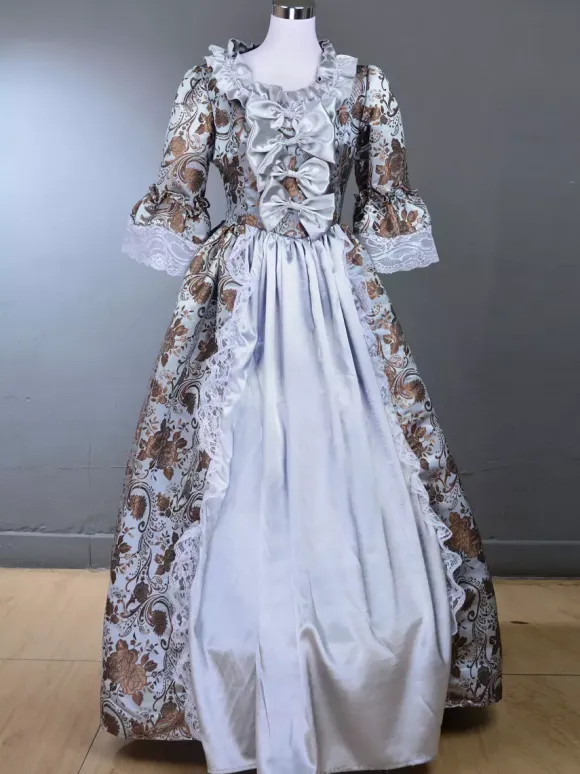 Robe Vintage Costumes Rétro Gris Clair Volants Imprimé Fleuri Marie Antoinette Robe Tunique Royale Femme 18ème Siècle Déguisement Médiéval